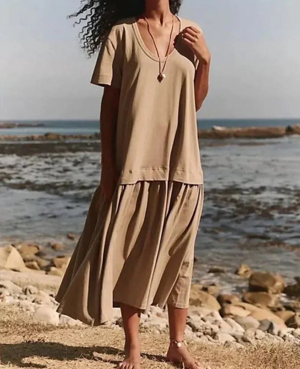 Free People Beach Herron Drop‎ Waist Maxi Dress Womens Large Beige Boho Beach
